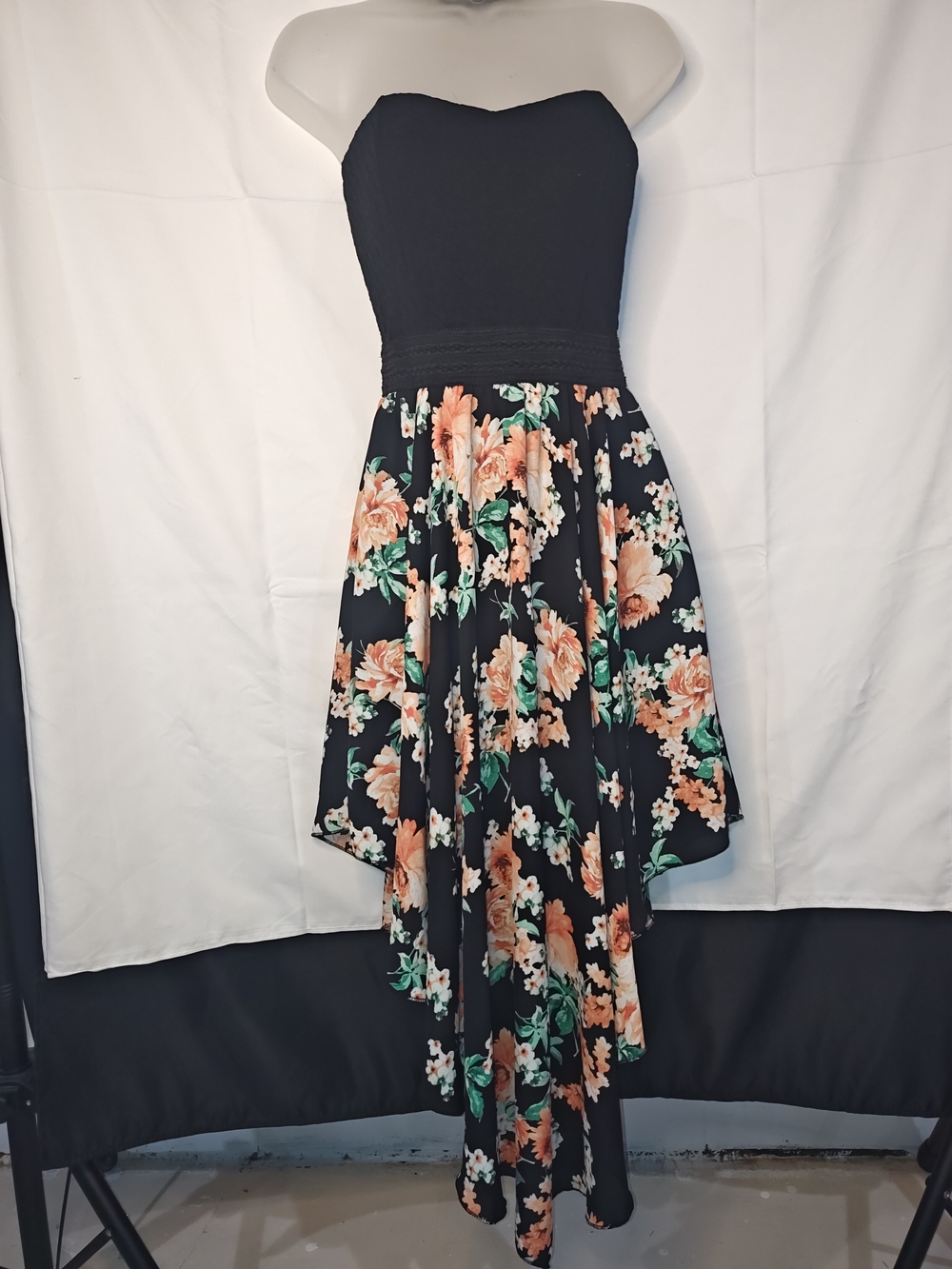 Liberty Love Strapless Black Floral High-Low Dress